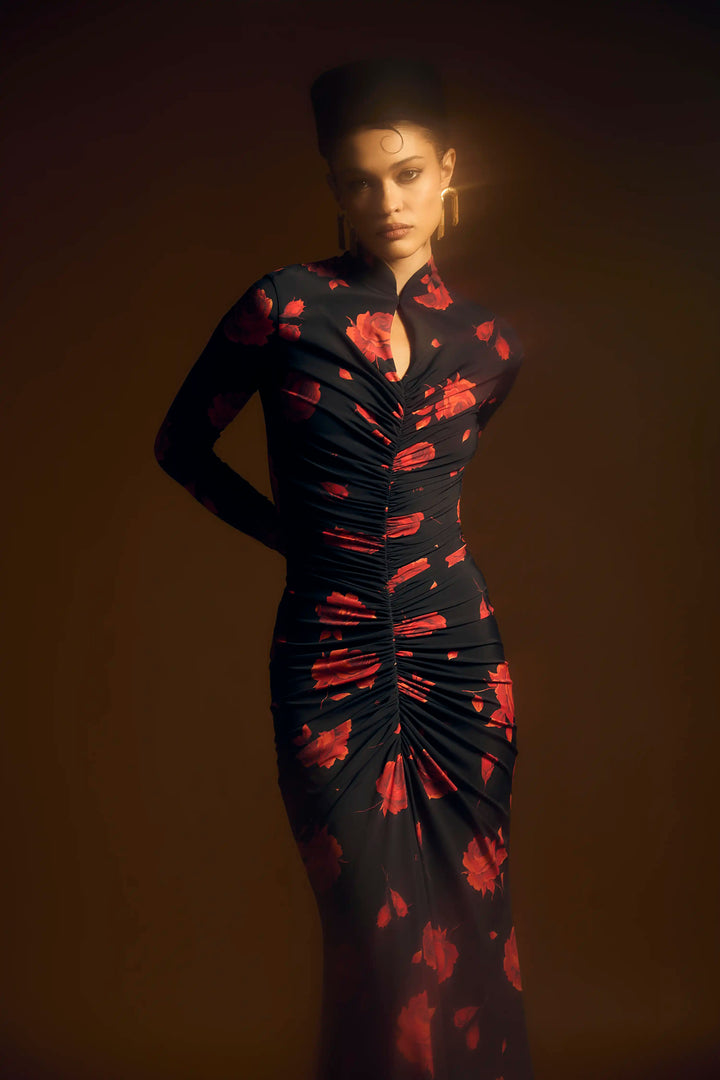 Madiya maxi, black biflex maxi dress with long sleeves and a floral print