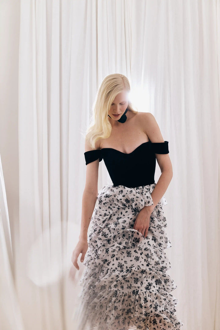 Lisen midi, midi corset dress made of black velvet and ivory chiffon with floral print