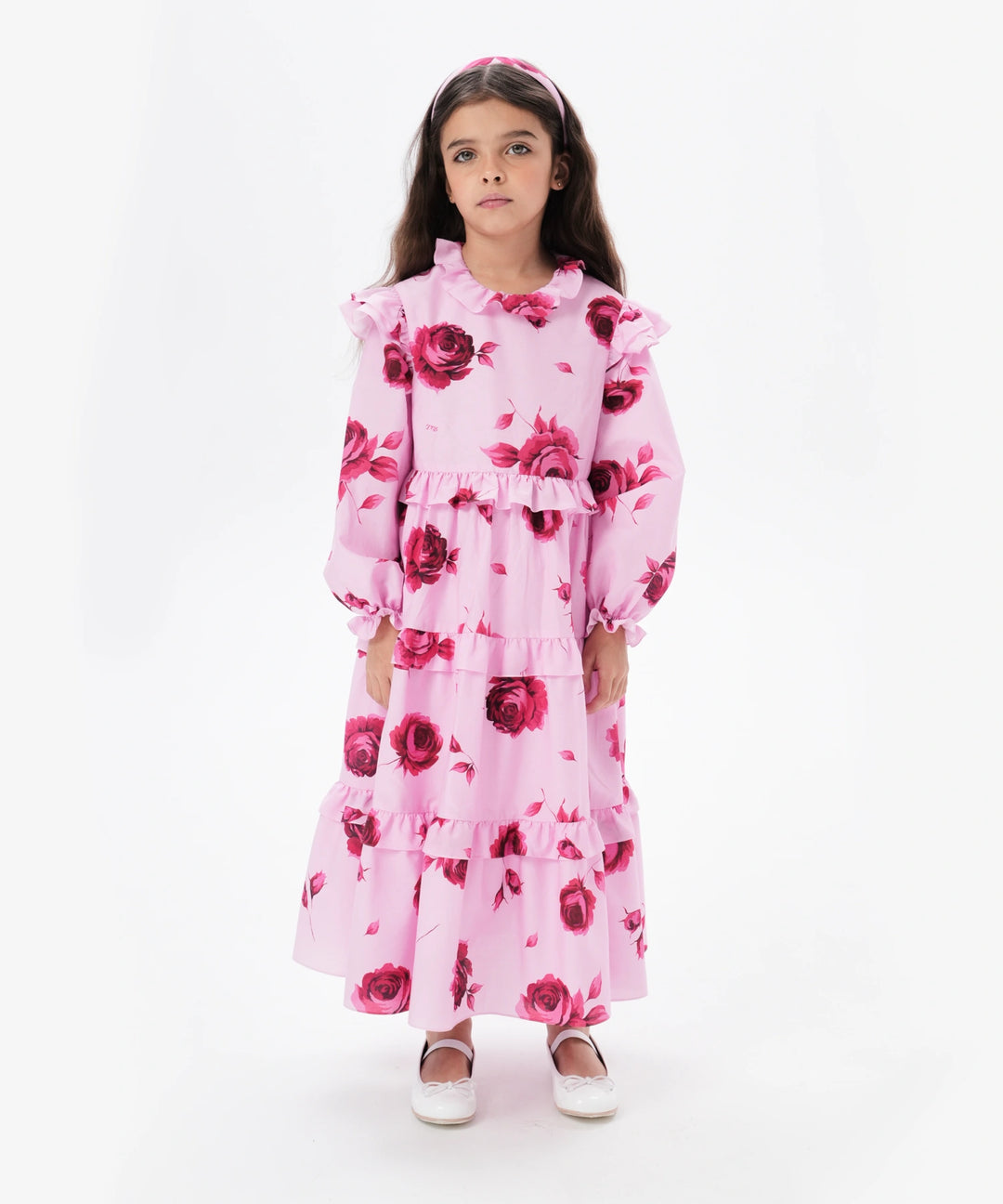Alisa Frill, children's dress made of pink batiste with large raspberry flowers