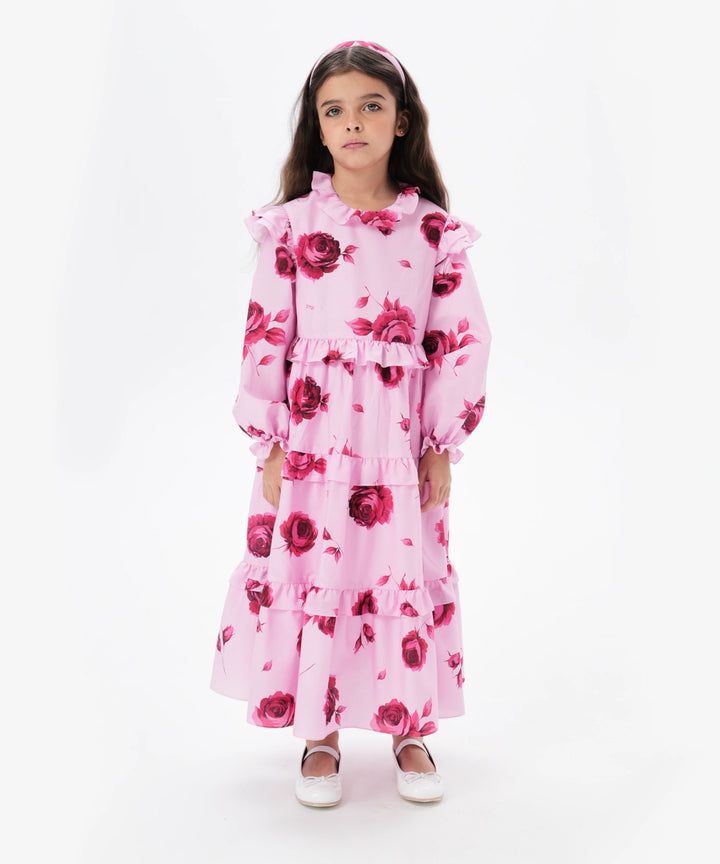 Alisa Frill, children's dress made of pink batiste with large raspberry flowers