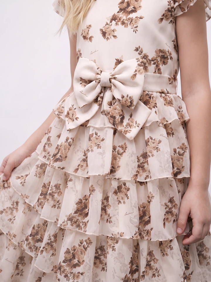 Ava, ivory crepe de chine children's dress with brown flowers