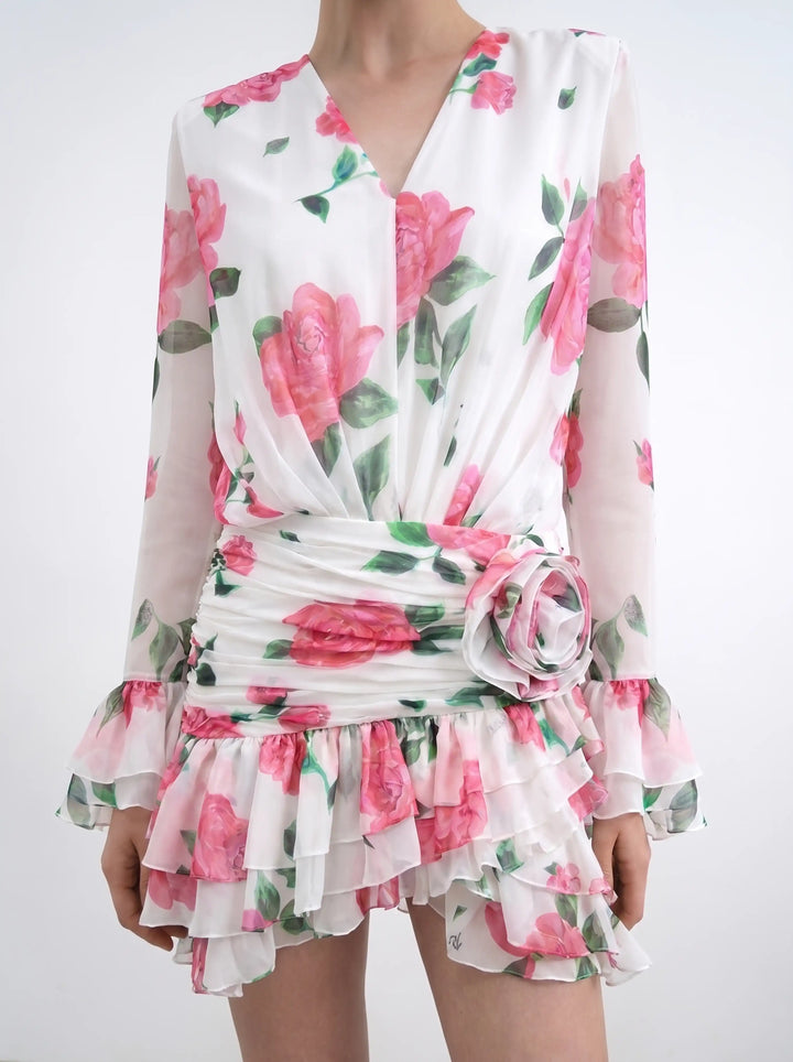 Mira mini, chiffon mini dress in milky with large raspberry flowers