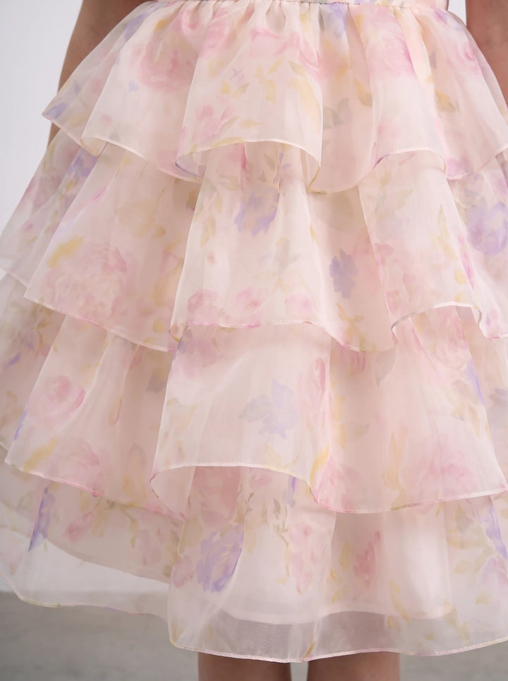 Fifi, ivory organza children's dress with large multicolor floral print