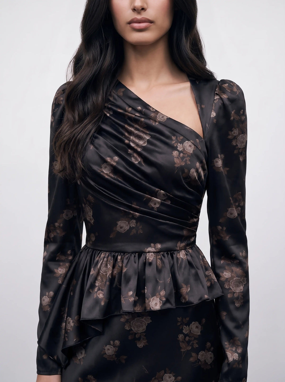 Fionella midi, black satin midi dress with brown flowers