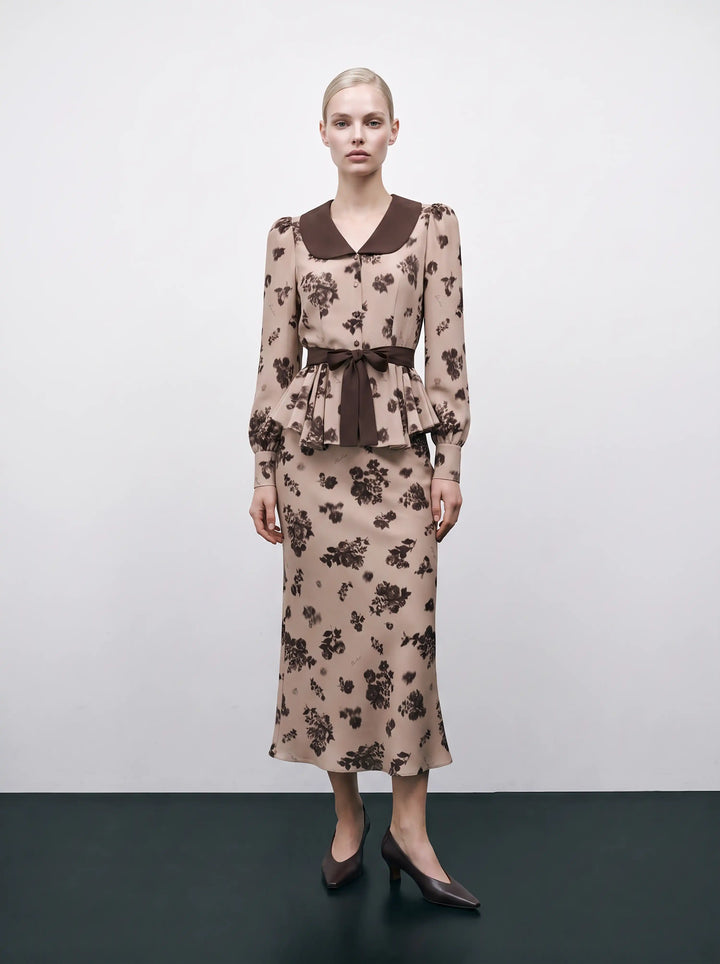 Rosetta, beige crepe de chine blouse with chocolate flowers