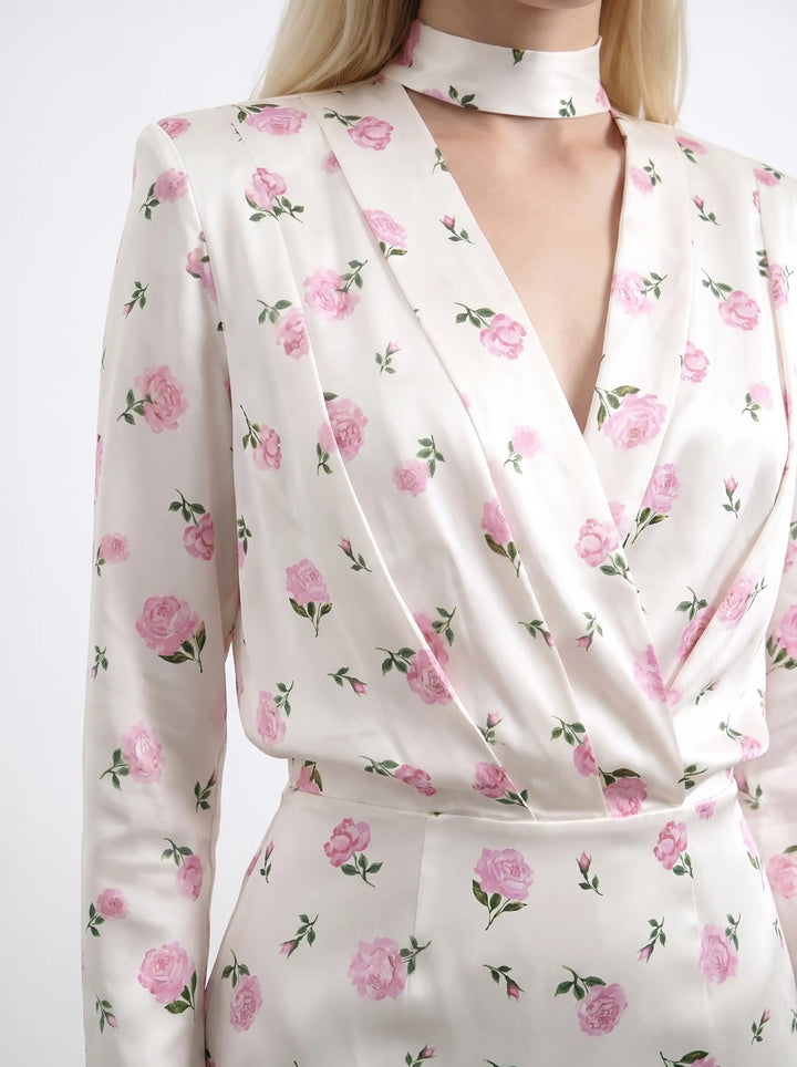 Jasmine maxi, satin maxi dress in milky with medium pink flowers