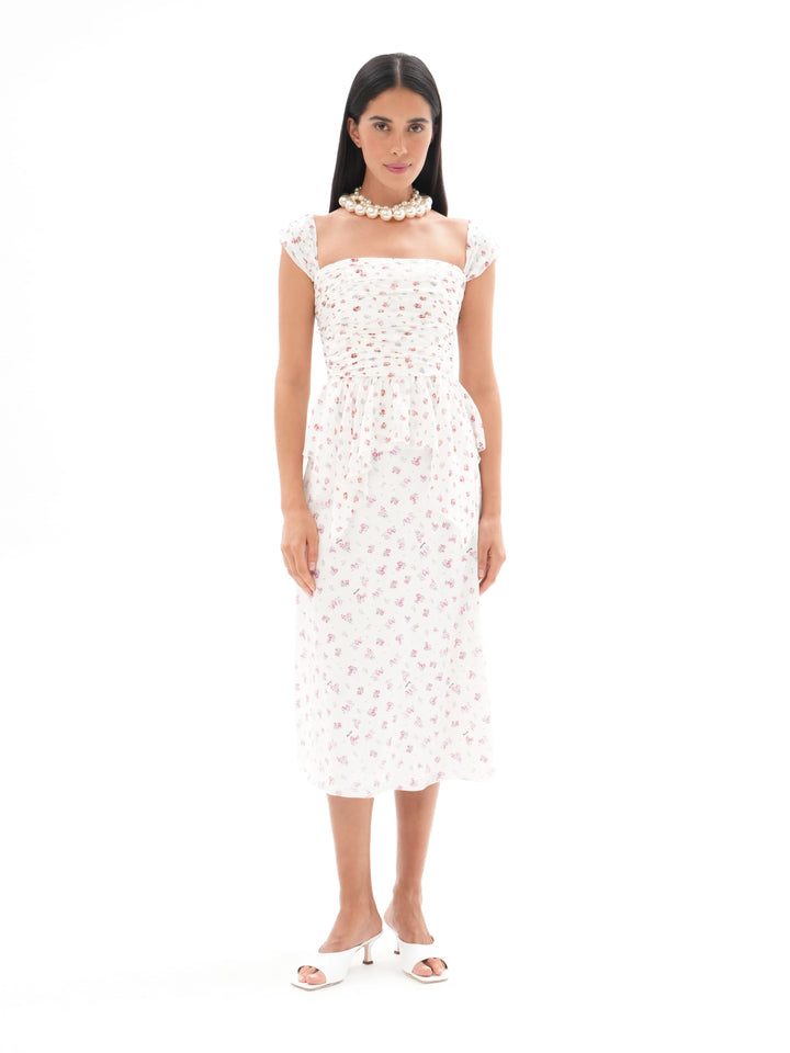 Jean, corset top with asymmetrical peplum, milky white with delicate red blossoms