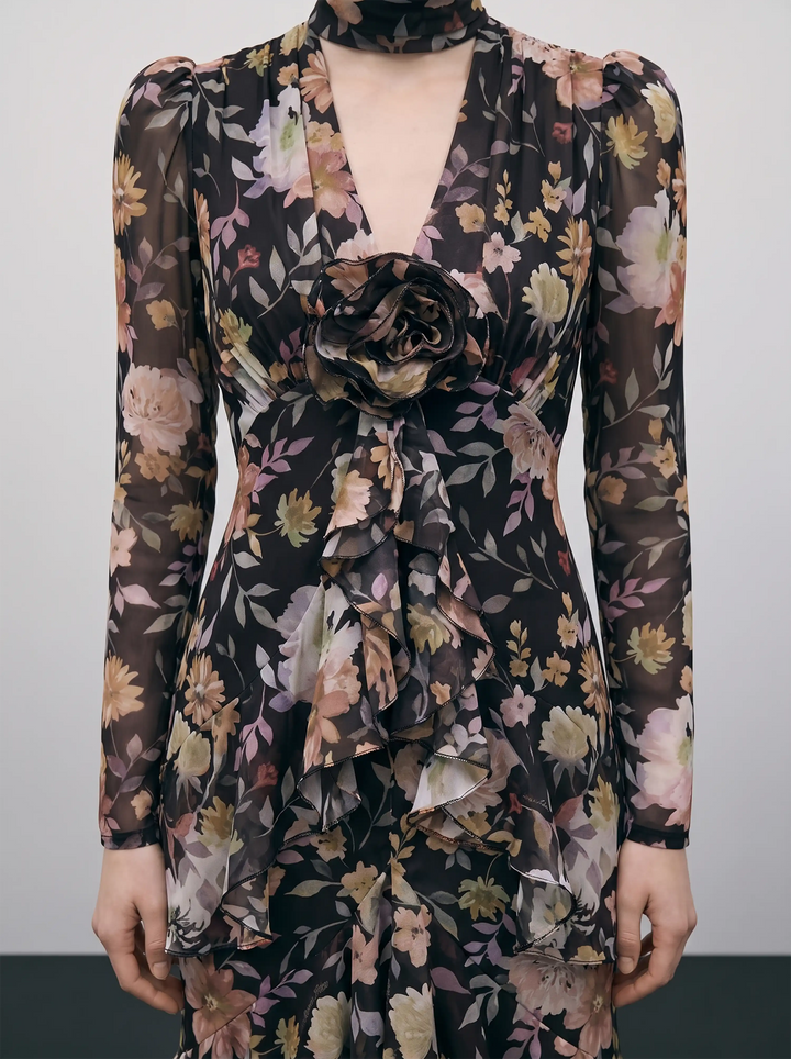 Beatrice sleeves, black chiffon midi dress with multicolor floral print