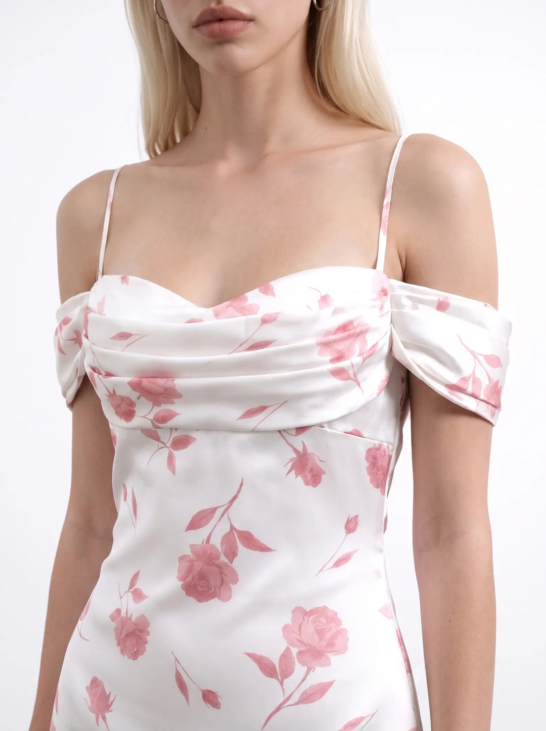 Marlen mini, ivory satin mini dress with medium light pink flowers