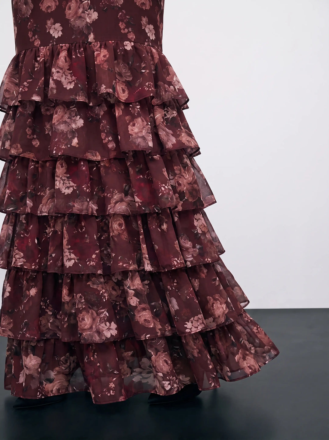 Rula maxi, burgundy chiffon maxi dress with multicolor flowers