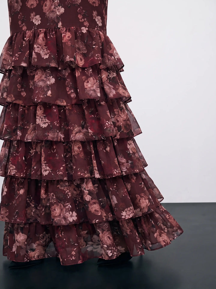 Rula maxi, burgundy chiffon maxi dress with multicolor flowers