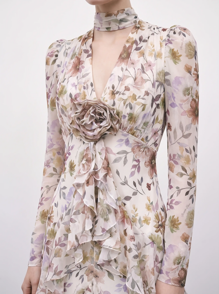 Beatrice sleeves, milky chiffon midi dress with multicolor floral print