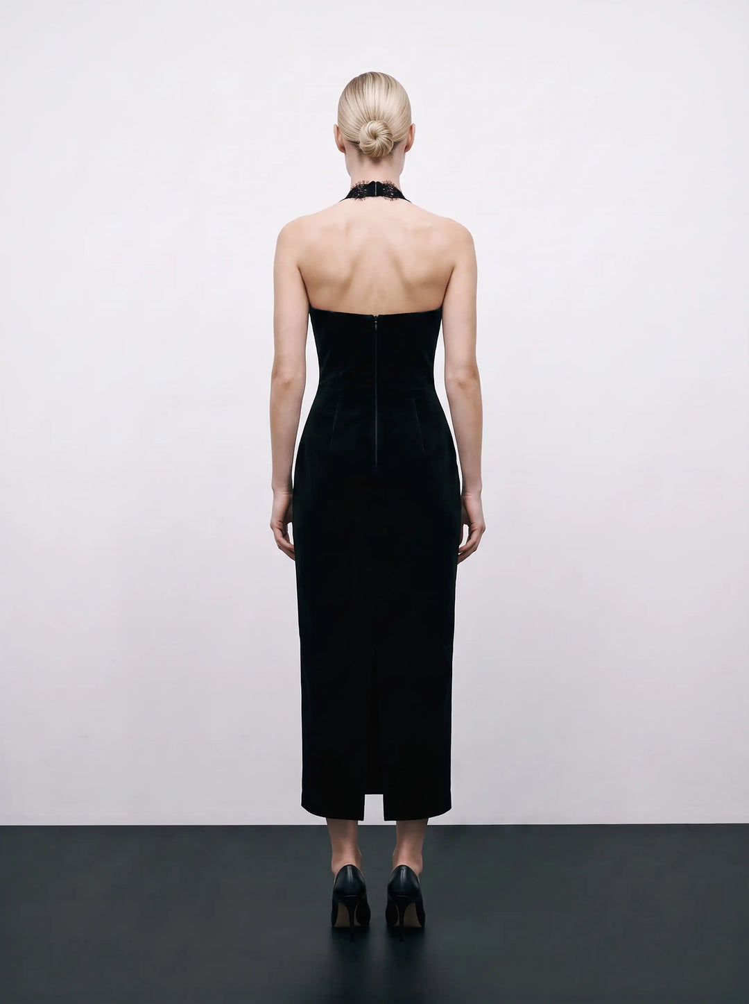 Livia midi, black velvet midi dress