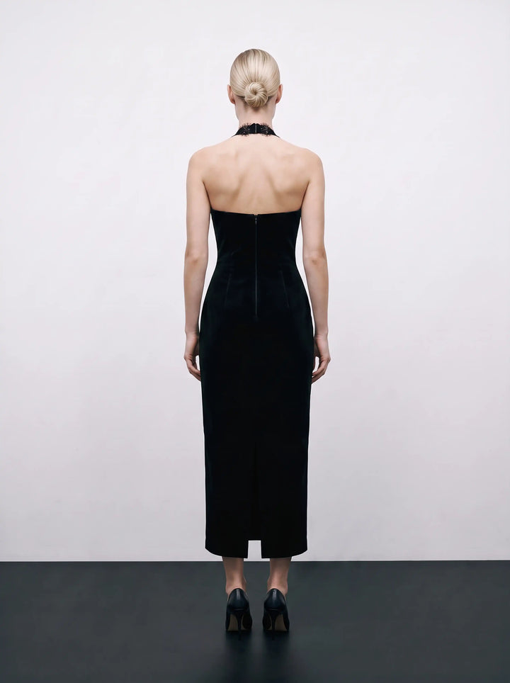 Livia midi, black velvet midi dress
