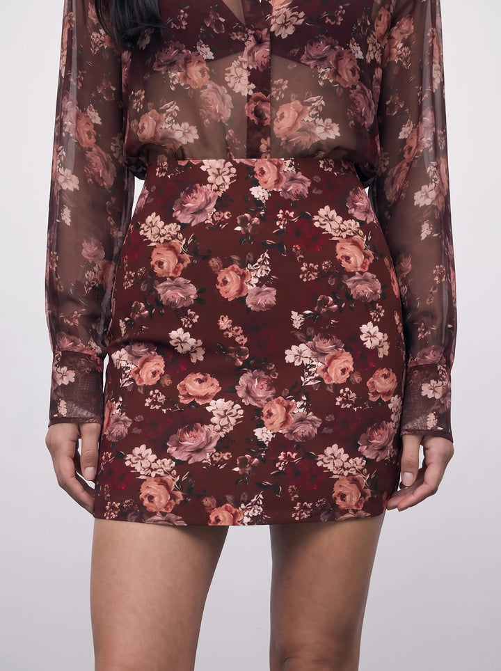 Mona mini, burgundy crepe de chine mini skirt with multicolor flowers