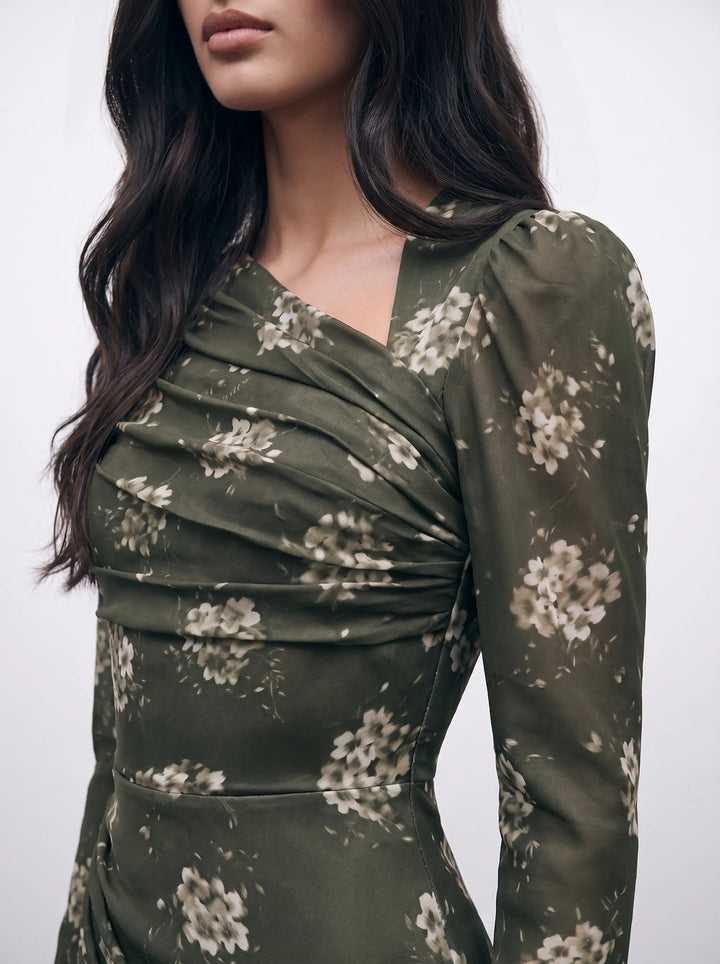 Orlene midi, khaki crepe de chine and chiffon midi dress with ivory flowers