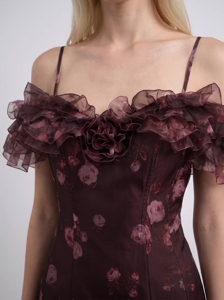 May mini, burgundy organza mini dress with floral print, ruffles, and a rose