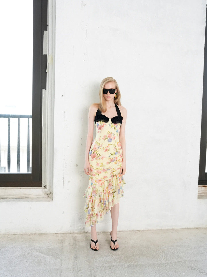 Sally midi, midi dress in pale yellow chiffon with a floral print