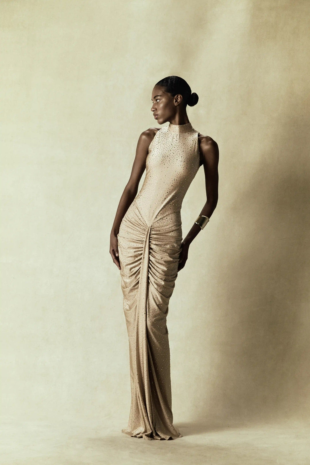 Ivy, maxi dress made of beige biflex with rhinestones