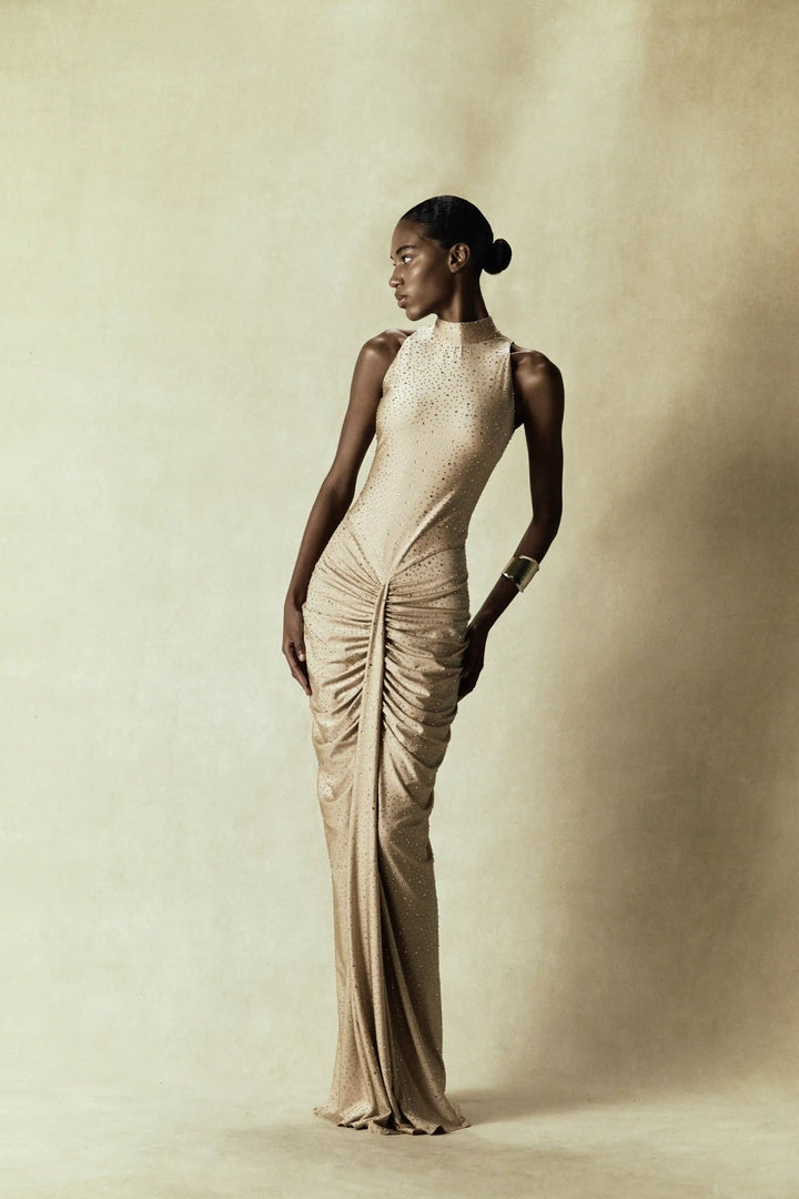Ivy, maxi dress made of beige biflex with rhinestones
