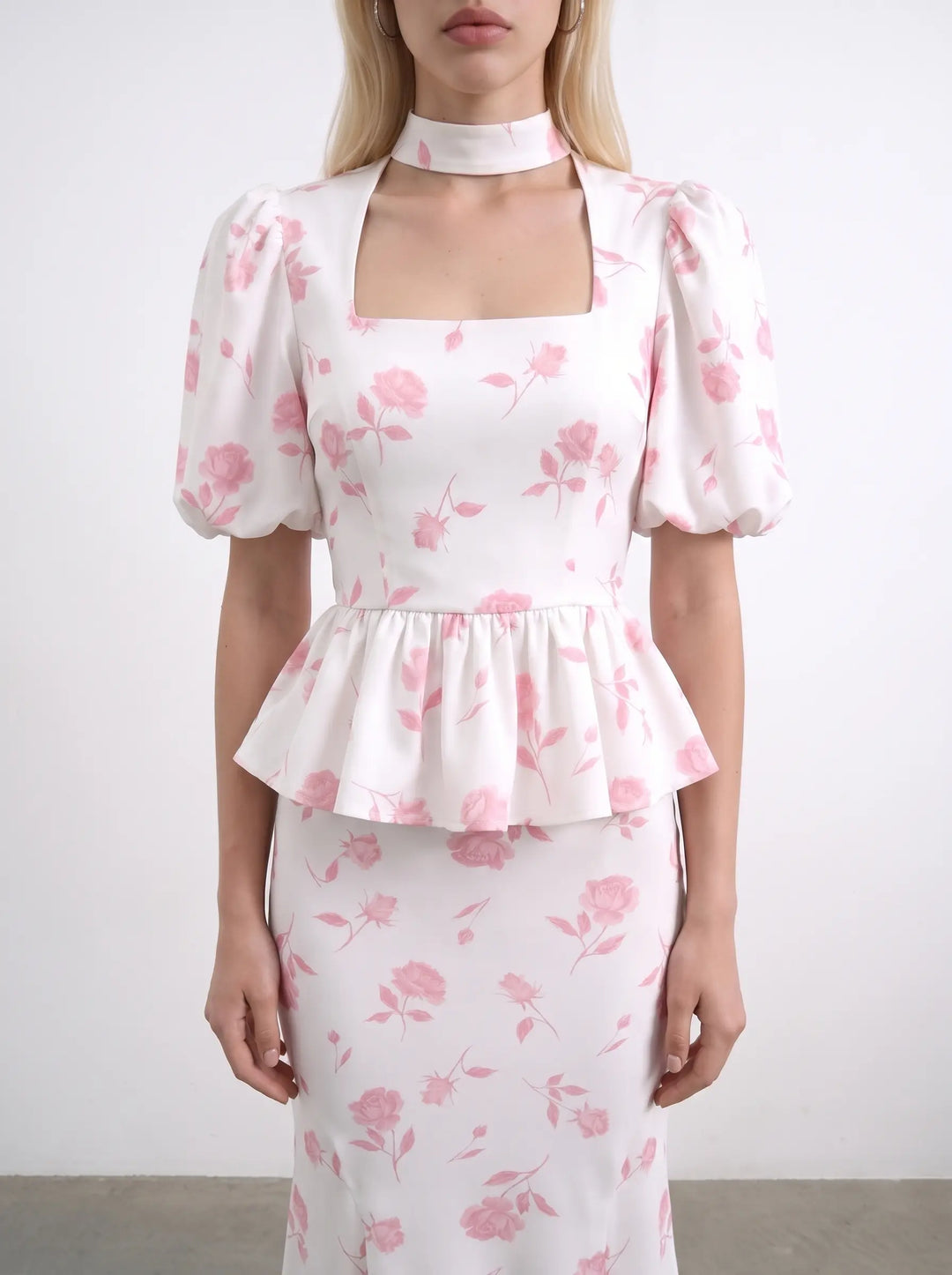Valerie top, ivory crepe de chine top with medium light pink flowers