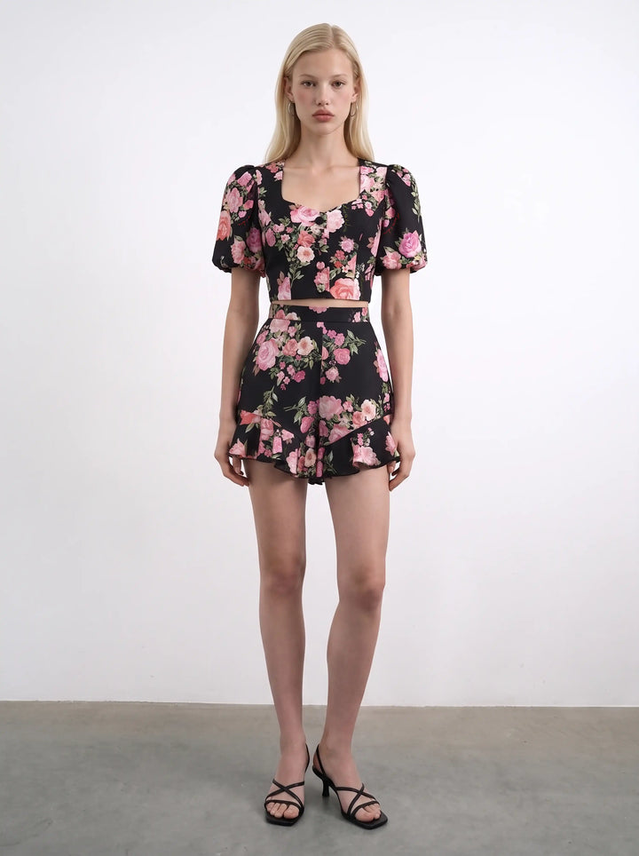 Chanelle, top in black crepe de chine with medium pink flowers