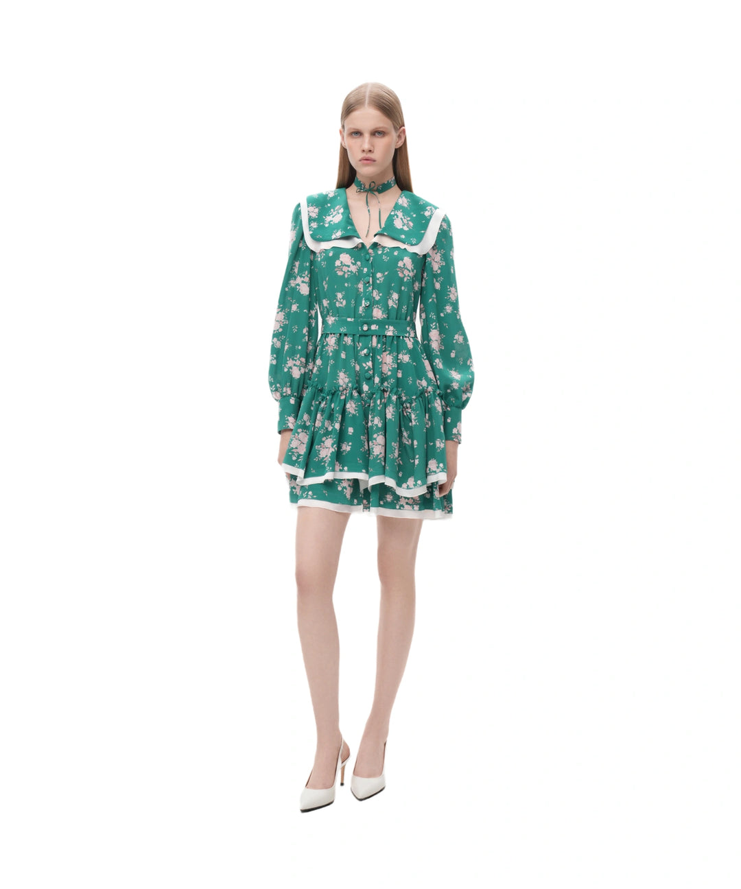 Austra, green crepe de chine mini dress with medium light pink flowers