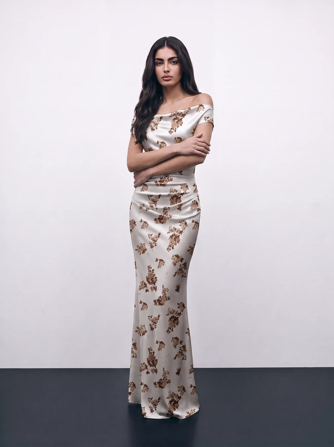 Lucy maxi, ivory satin maxi dress with brown flowers