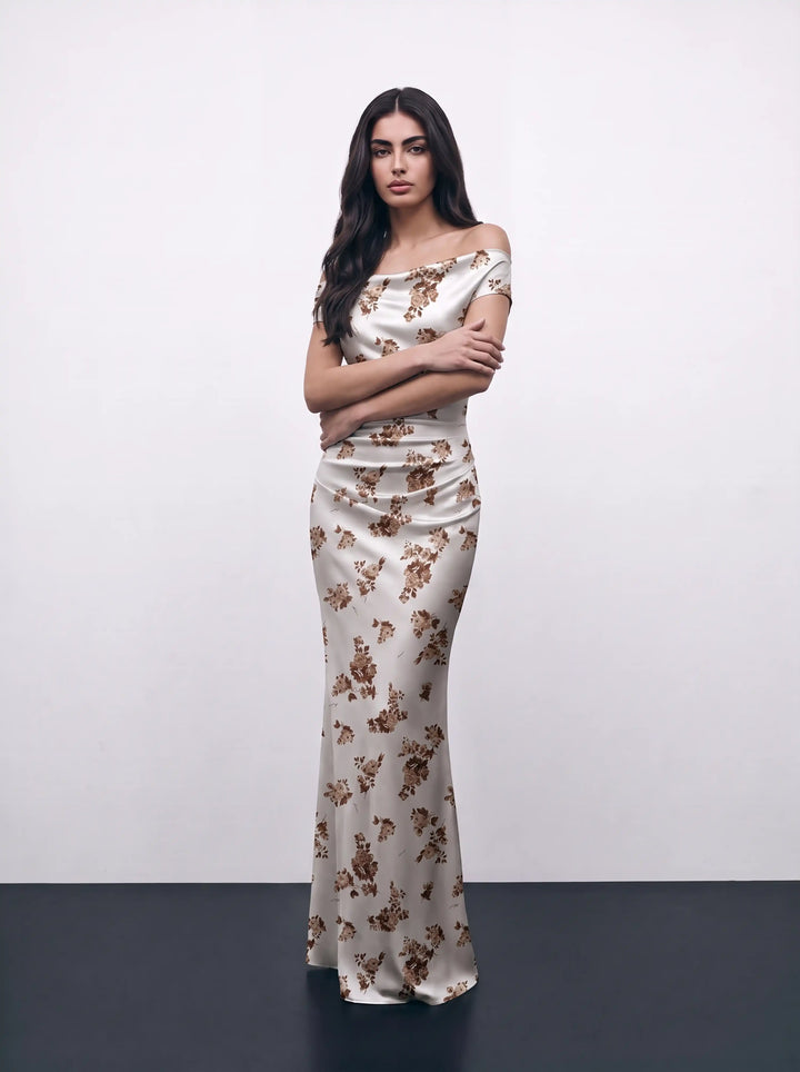 Lucy maxi, ivory satin maxi dress with brown flowers