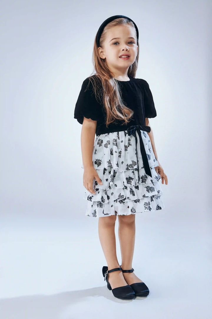 Fifi, children's dress made of black velvet and ivory chiffon with floral print