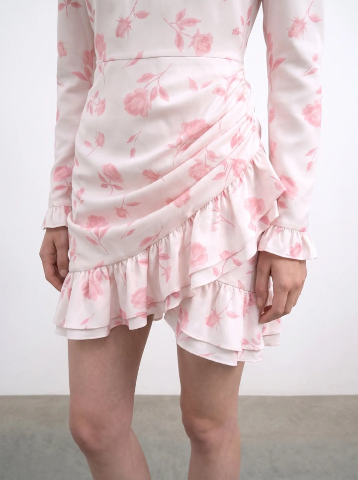 Charlotte mini, ivory crepe de chine mini dress with medium light pink flowers
