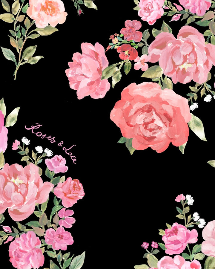 Valerie mini, chiffon mini dress with ruffles in black with medium pink flowers