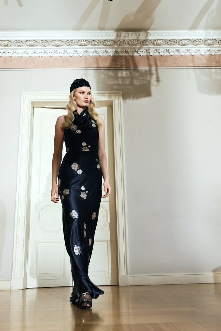 Esty maxi, midi dress made of black satin with floral print