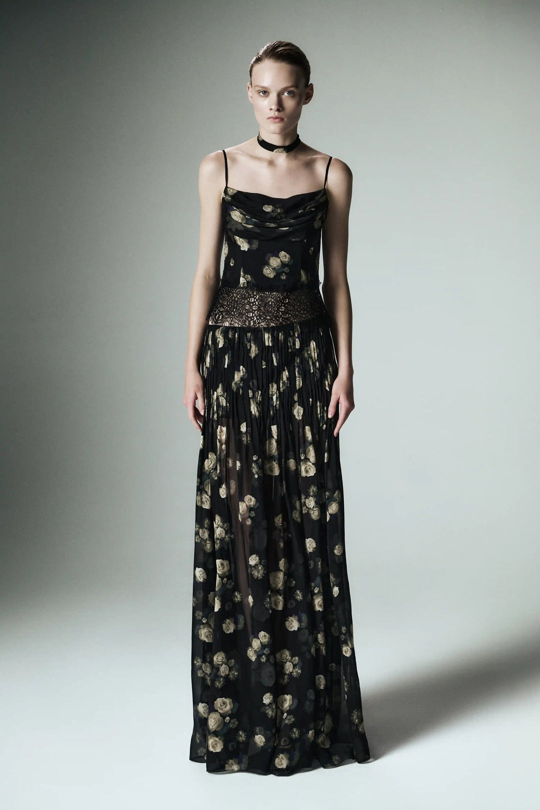 Iya, maxi skirt made of black chiffon with floral print