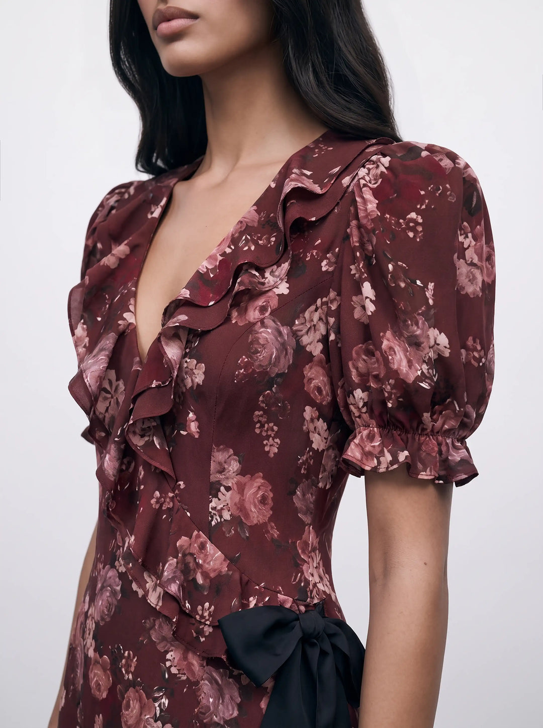 Pamela midi, burgundy crepe de chine midi dress with multicolor flowers
