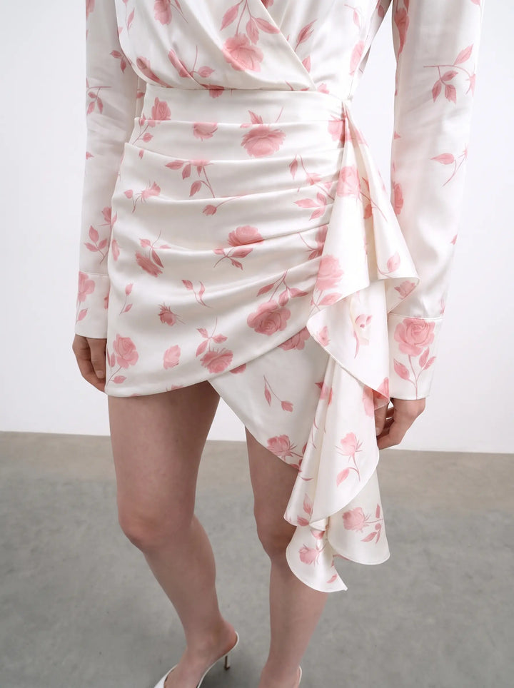 Leah, ivory satin mini dress with medium light pink flowers