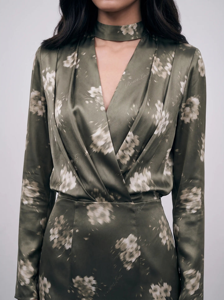 Jasmine midi, khaki satin midi dress with ivory flowers