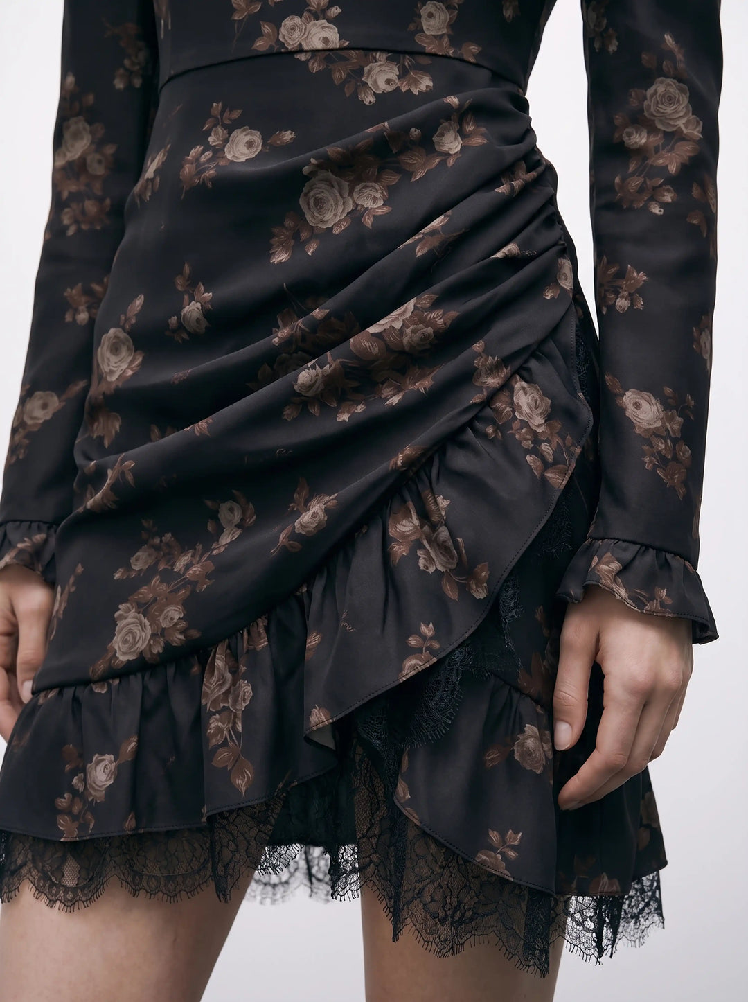 Charlotte mini, black crepe de chine mini dress with brown flowers