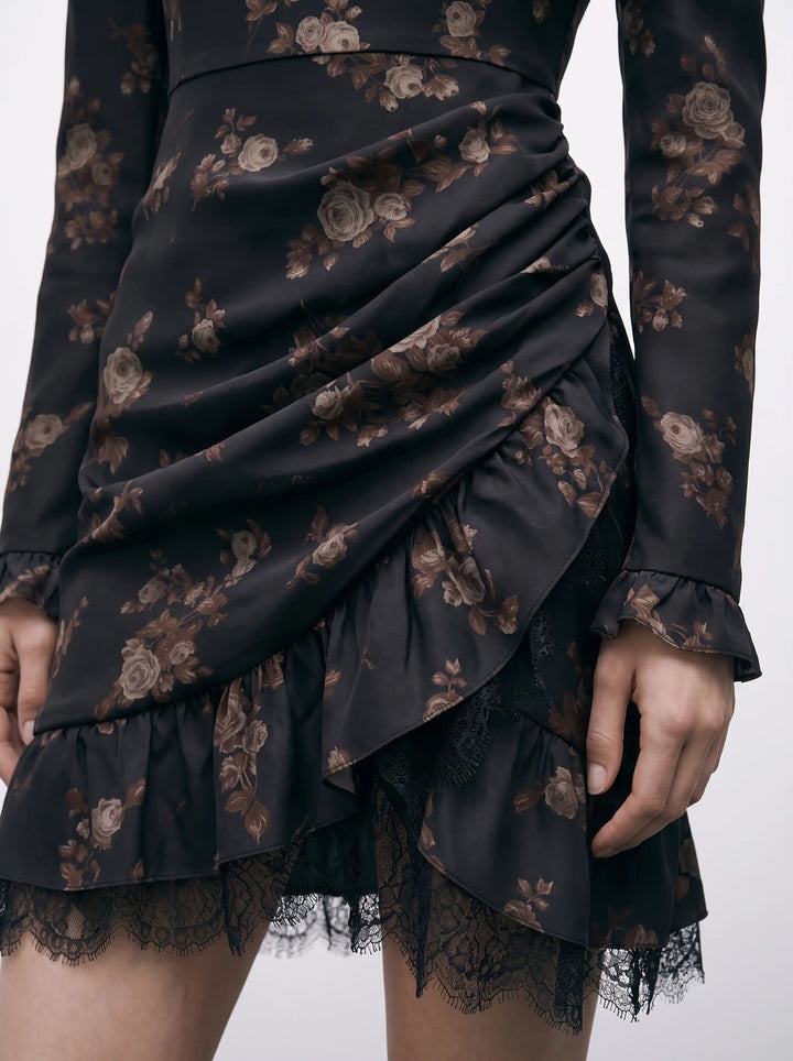 Charlotte mini, black crepe de chine mini dress with brown flowers