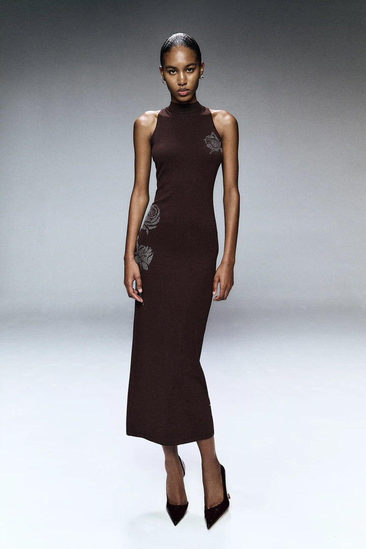Viva midi, midi dress made of chocolate cotton with rhinestones