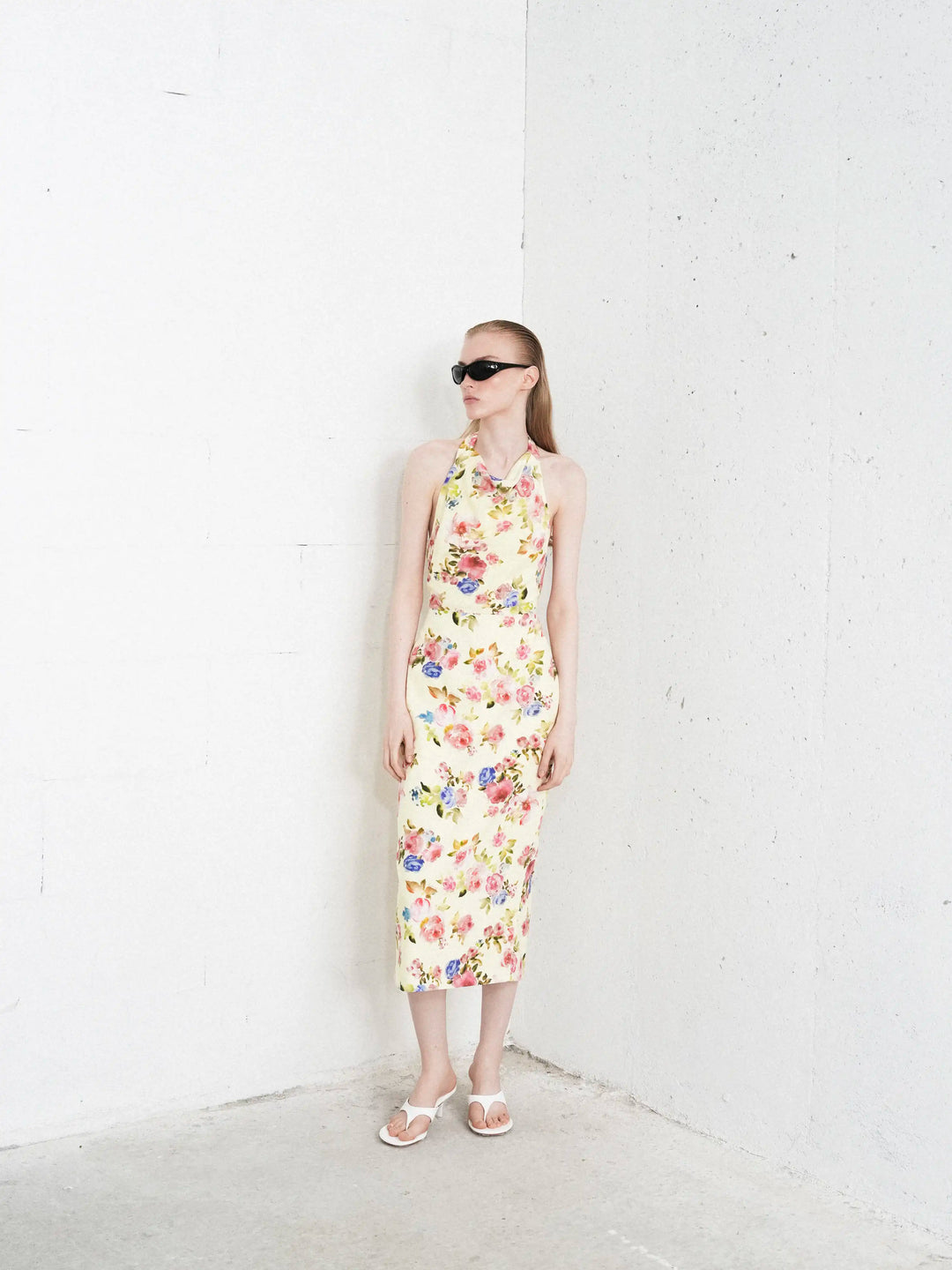 Esty midi, midi dress in pale yellow crepe de chine with a floral print
