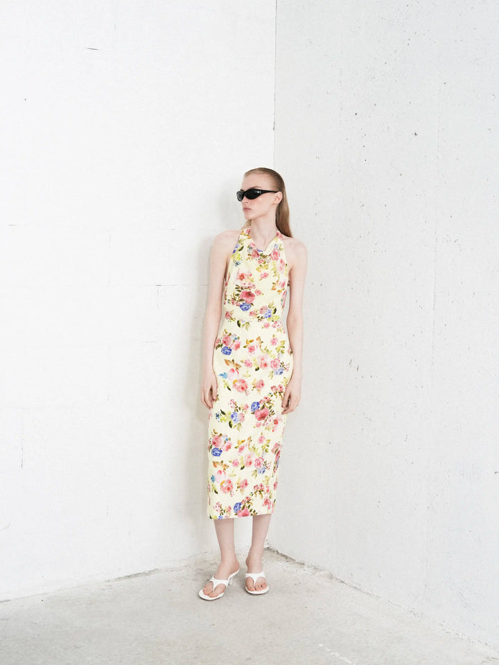 Esty midi, midi dress in pale yellow crepe de chine with a floral print