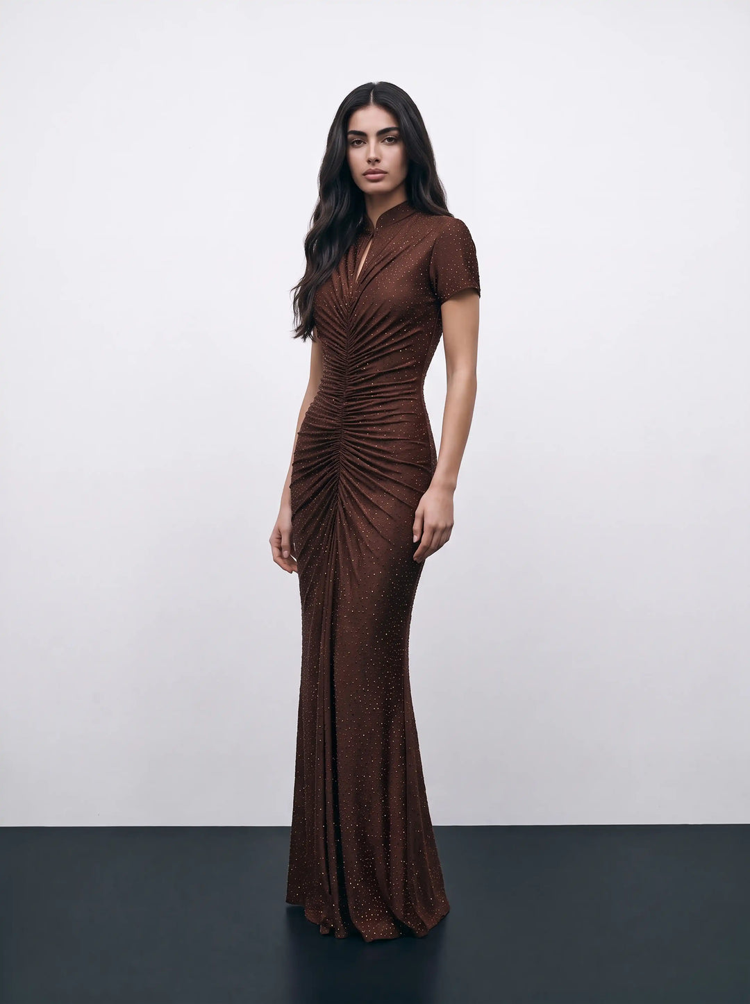 Amanda, chocolate biflex maxi dress embellished with rhinestones