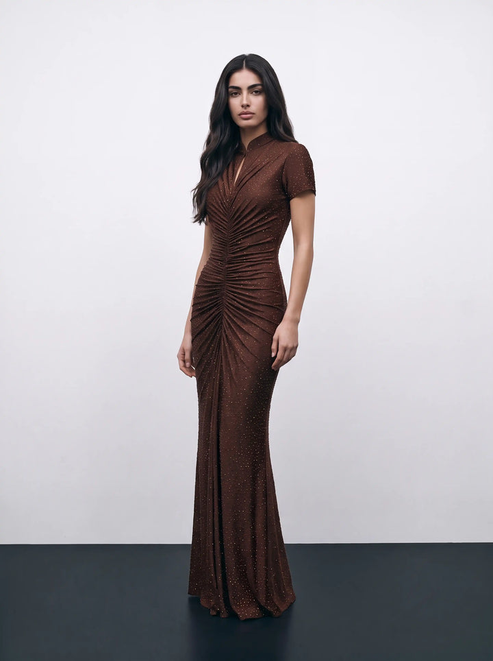 Amanda, chocolate biflex maxi dress embellished with rhinestones