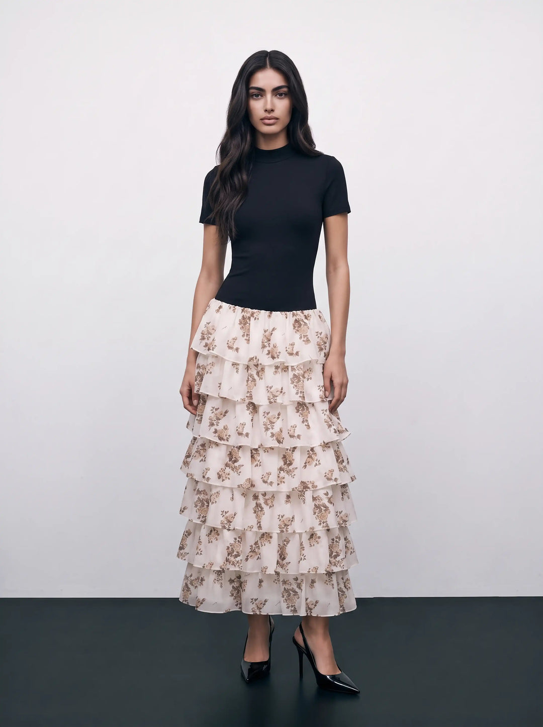 Grace midi, midi dress with a black biflex top and an ivory chiffon skirt with brown flowers