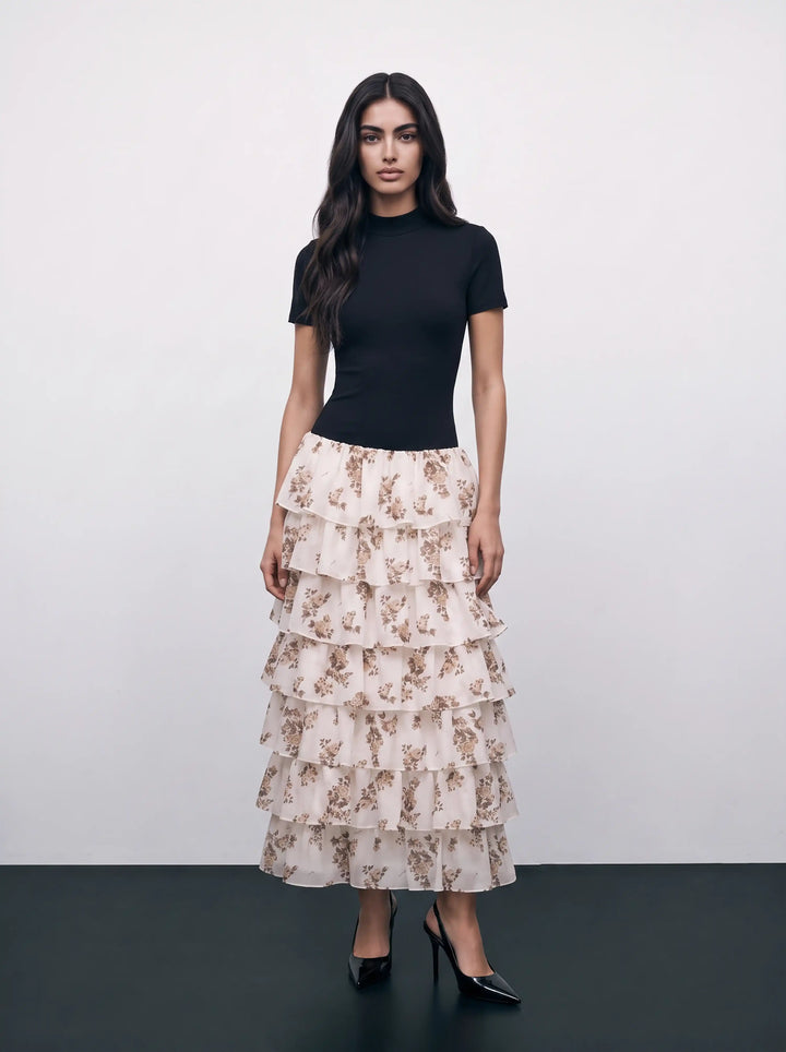 Grace midi, midi dress with a black biflex top and an ivory chiffon skirt with brown flowers