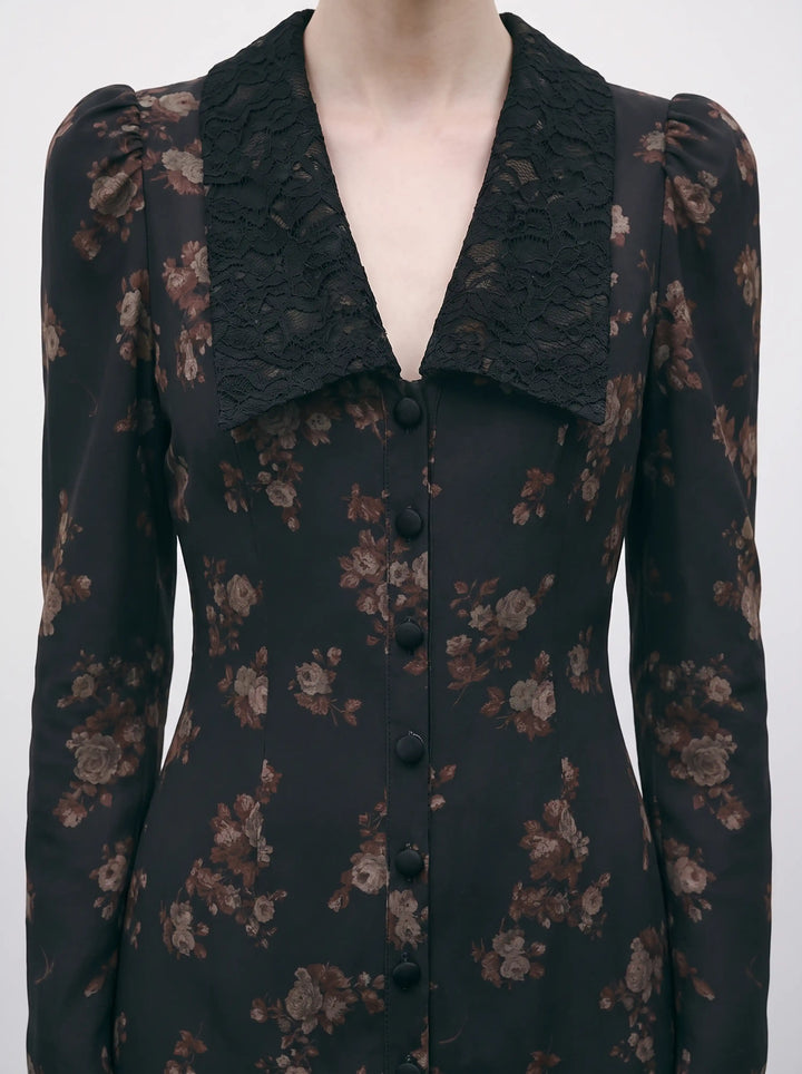 Audrice midi, black crepe de chine midi dress with brown flowers