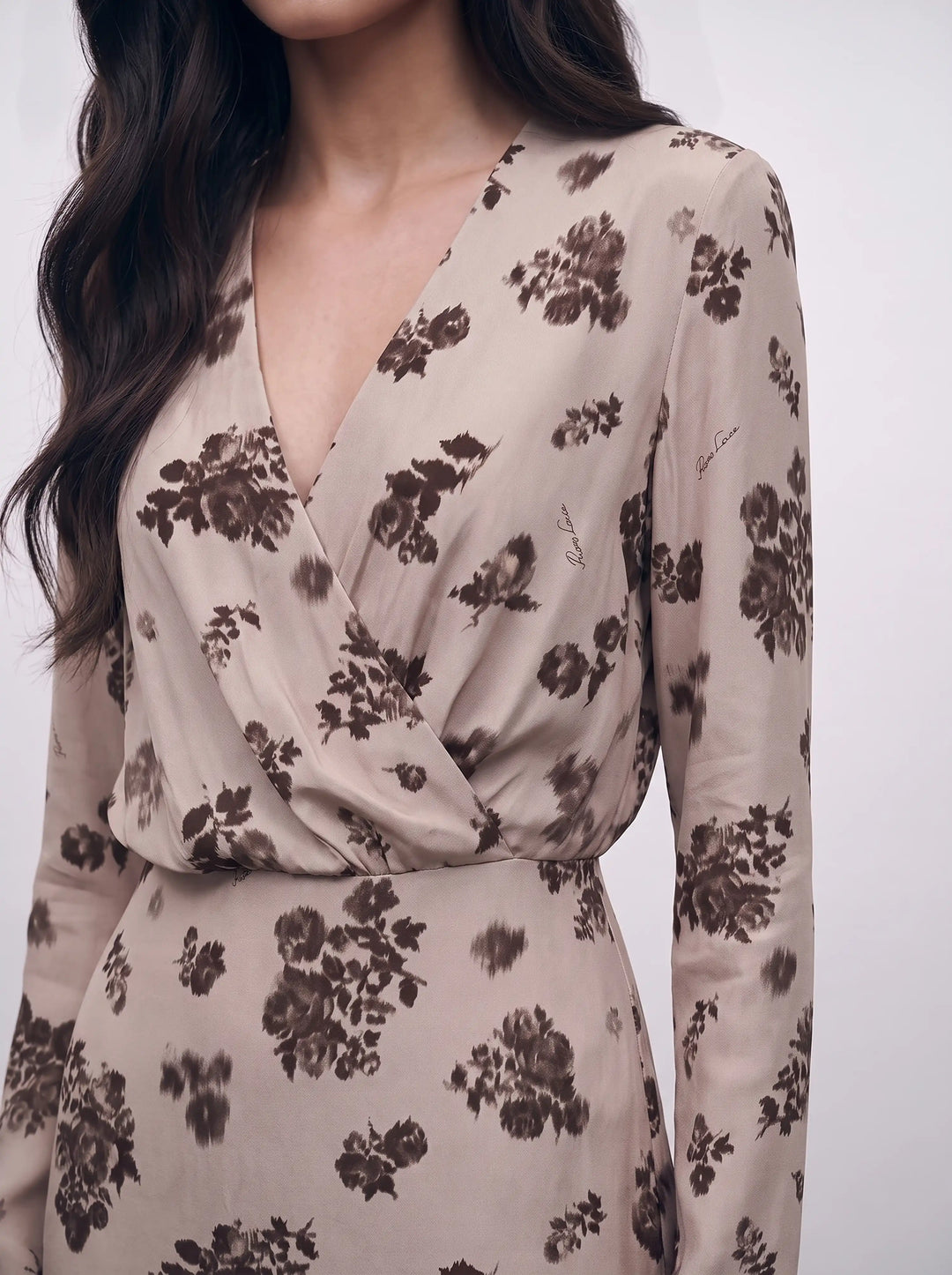 Lima midi, beige crepe de chine midi dress with chocolate flowers