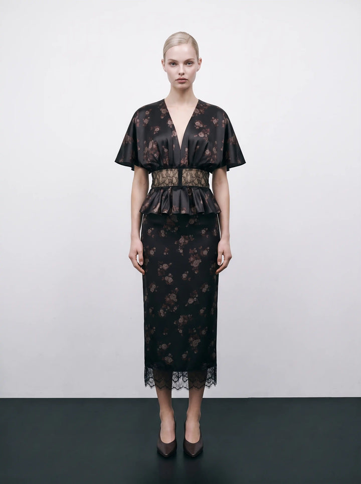 Yasmin, black satin blouse with brown flowers