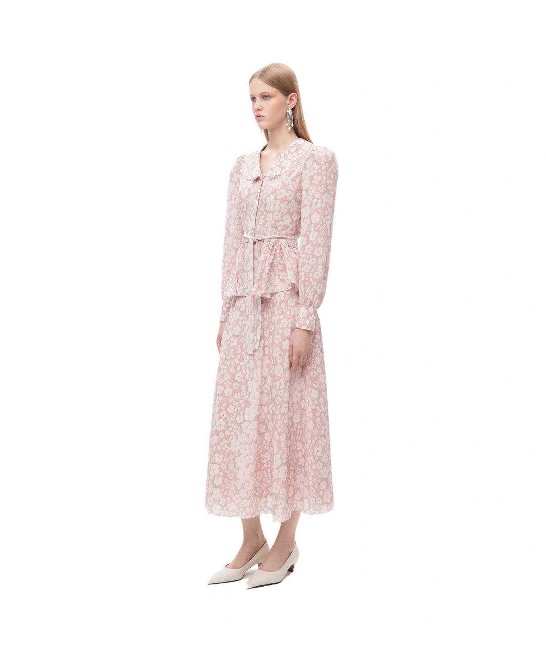 Olivia, pink crepe de chine midi skirt with medium milky flowers